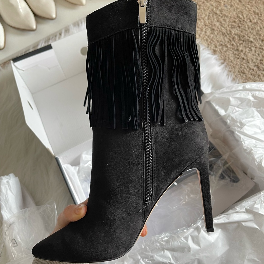 NWT Nine West Black Fringe Western Boots Boho Faux Suede Heels - Picture 8 of 13